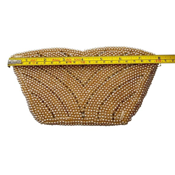 Vintage La Regale Faux Pearl Beaded Japan Zip Top Clutch Purse Bag Cream Gold - Picture 8 of 9